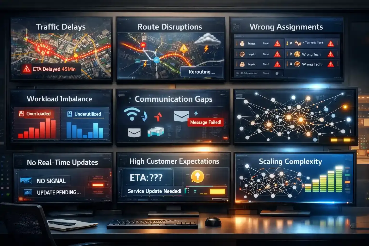 Dispatch dashboard showing delays, disruptions, workload, and alerts